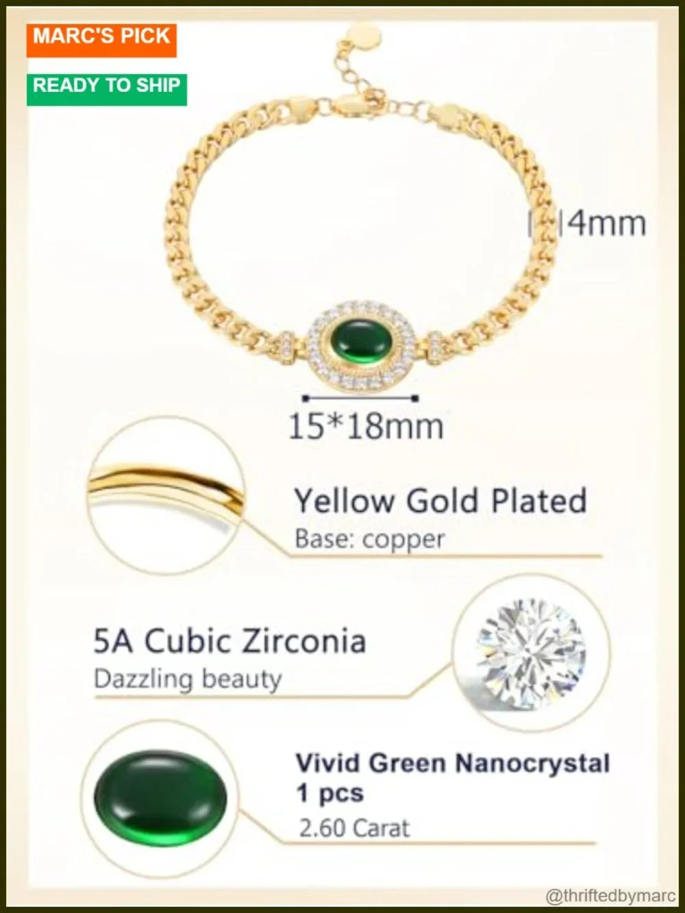 Simulated Emerald Cubic Zirconia Cuban Link Chain Bracelet, Rhodium/Yellow Gold